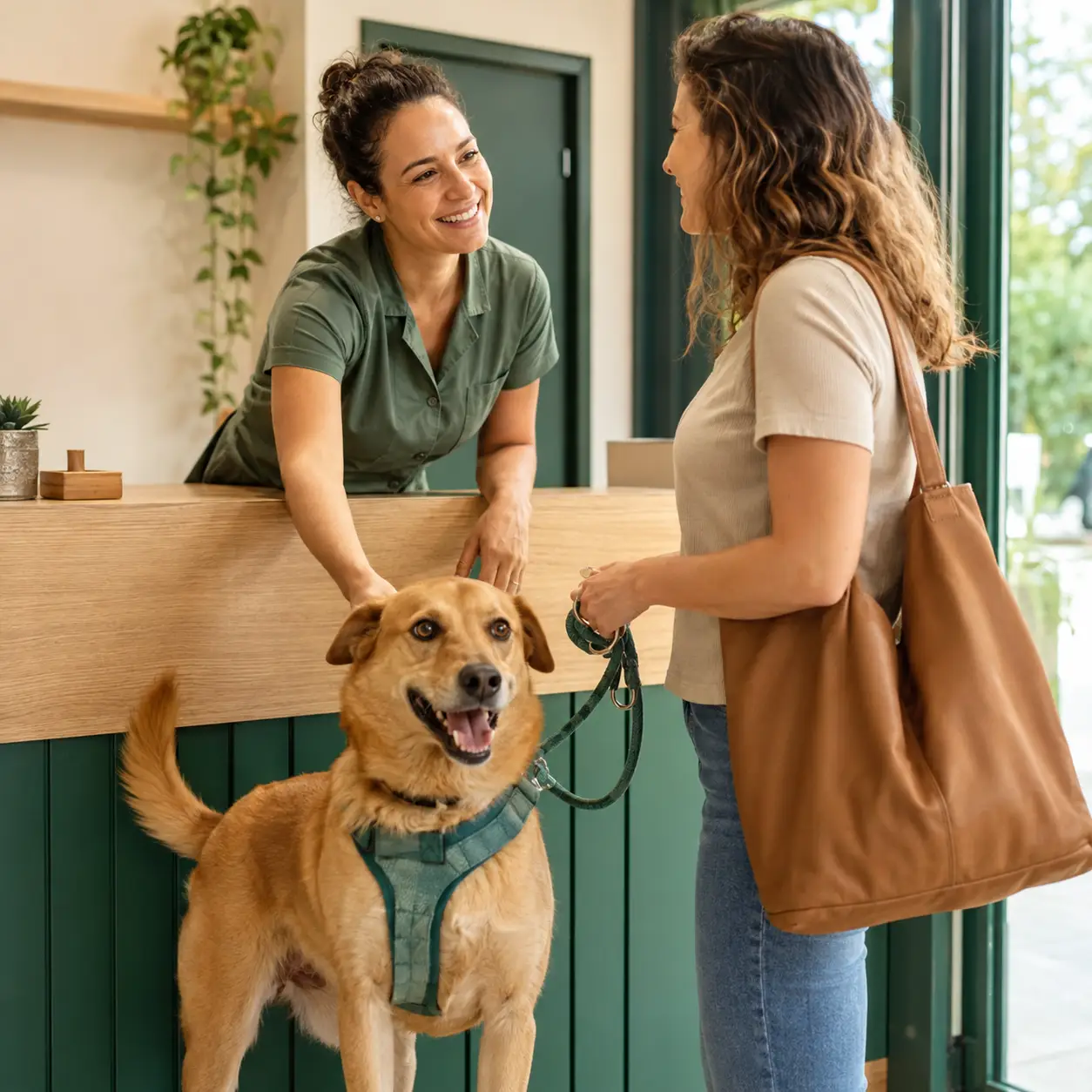 Profissional de um negócio pet recebendo uma tutora com seu cachorro na recepção.
